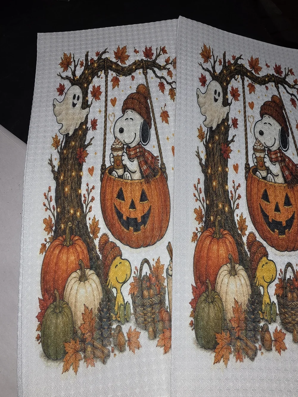Snoopy & Woodstock Halloween Hand Towels - Orange Pumpkin Design